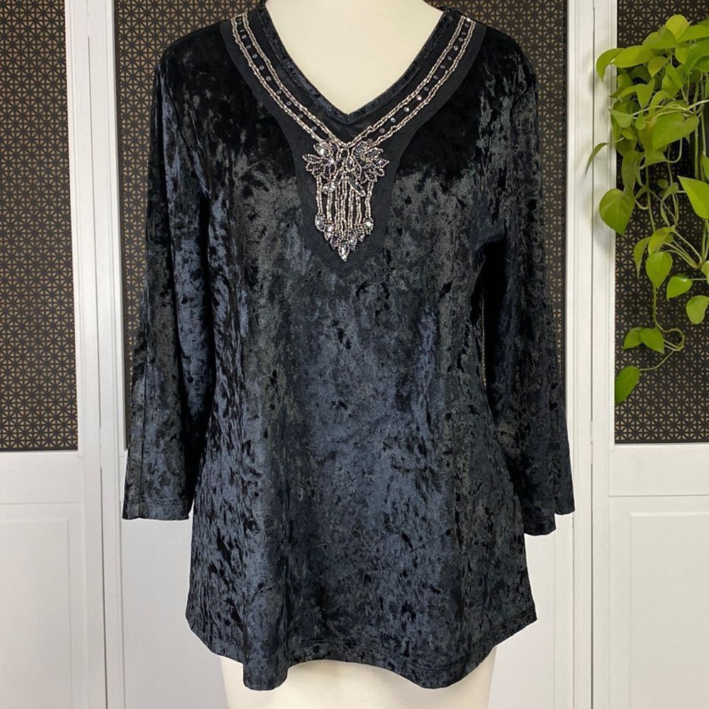 Christopher & Banks Black V-Neck Cold Shoulder 3/4 Sleeve Beaded Top